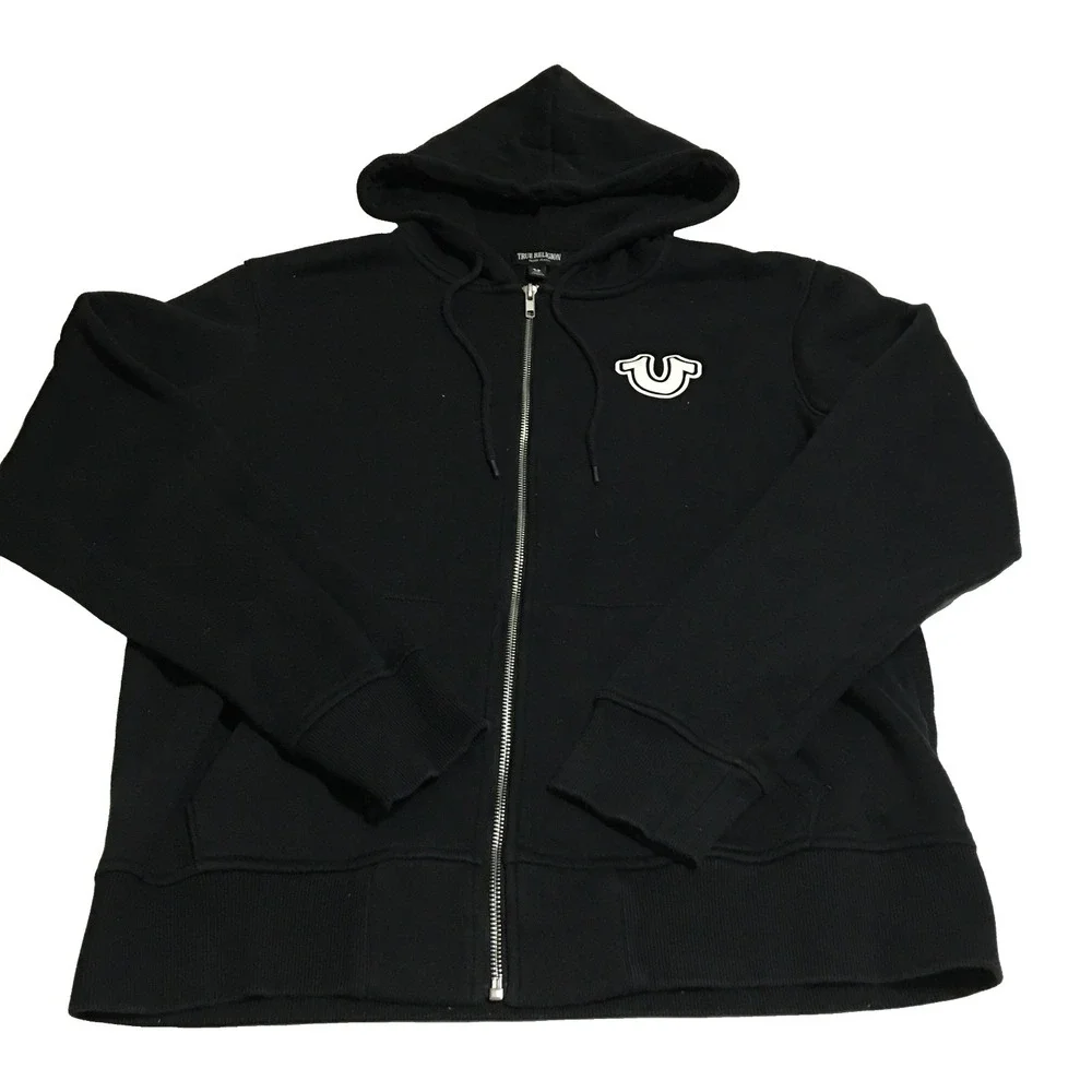 True Religion Mens Large Black Hoodie Full Zip Sweatshirt Black